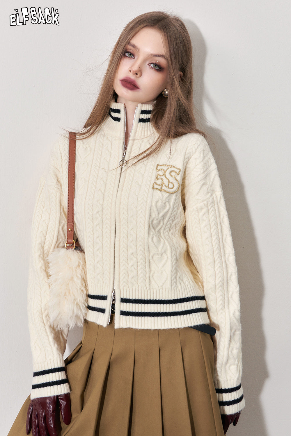 ELFSACK Slim Zip Up Sweaters Women 2023 Winter Korean Fashion Tops