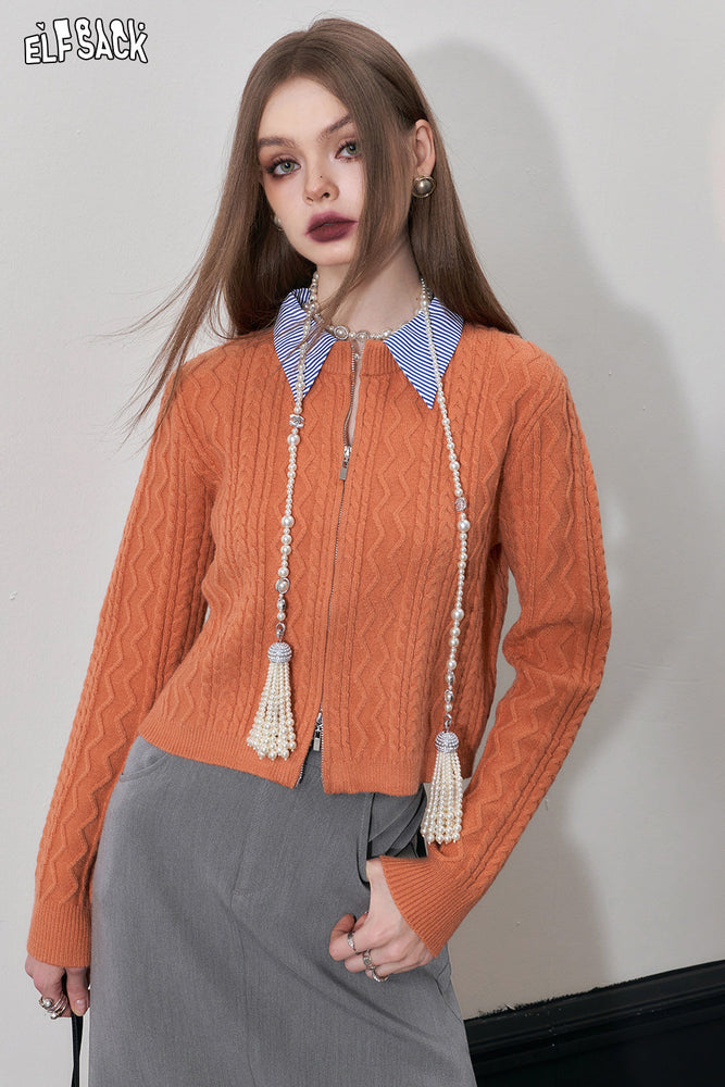 
                  
                    ELFSACK Y2K Zip Up Spliced Knitwears Women 2023 Winter Korean Fashion Slim Tops
                  
                