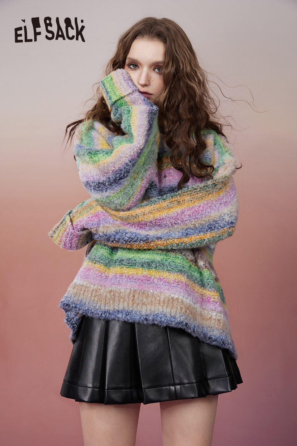 ELFSACK Kawaii Colorful Striped Pullover Sweaters Women 2023 Winter Plus Size Luxury Designer Tops