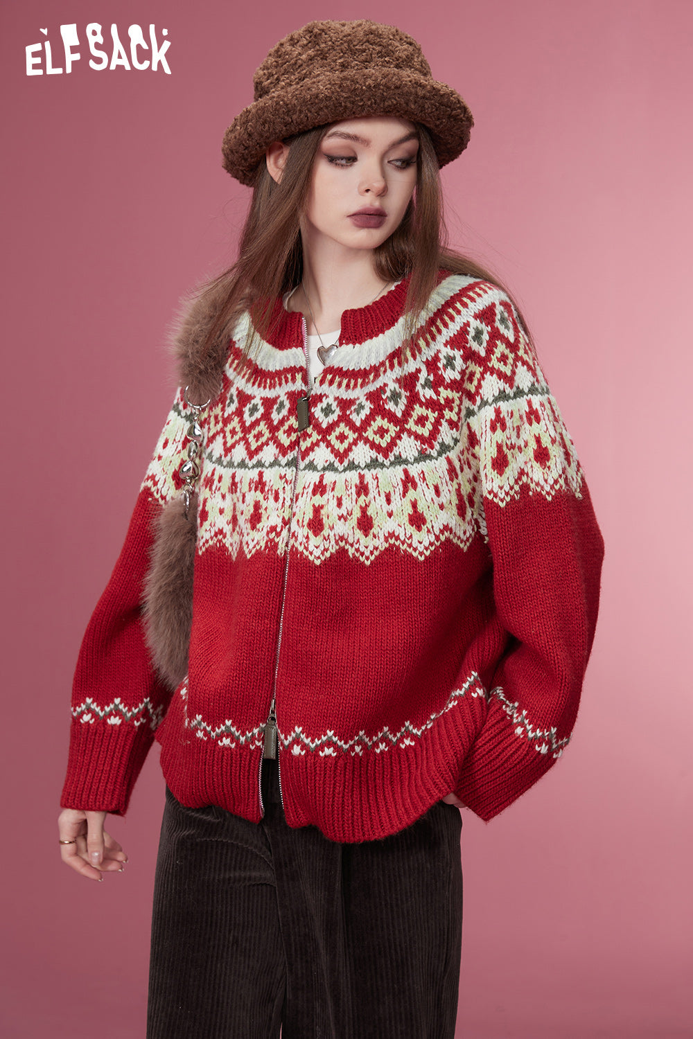
                  
                    ELFSACK Christmas New Year Zip Up Sweaters Women 2023 Winter Retro Fair Isle Style Knitwears
                  
                