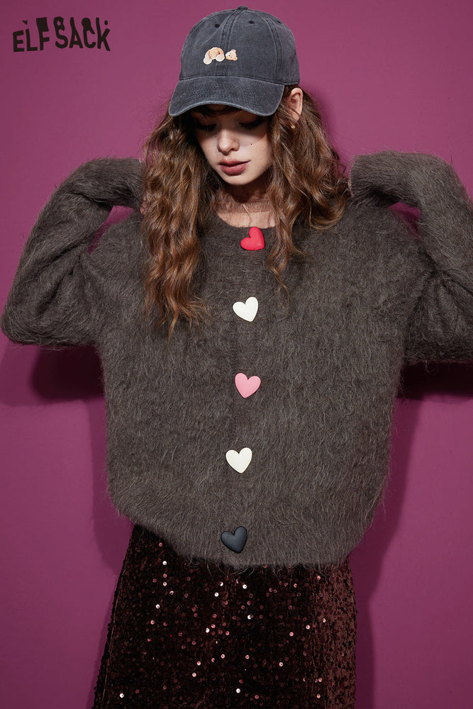 
                  
                    ELFSACK Heart Button Sweater Cardigan For Women 2023 Winter Korean Fashion Designer Knitwears
                  
                