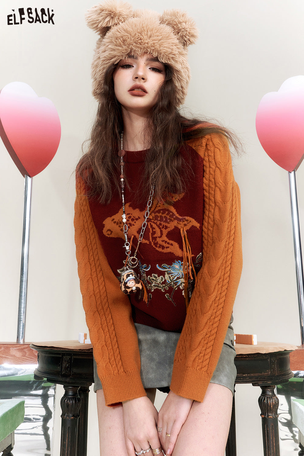 ELFSACK Goldfish Spliced Pullover Sweaters Women 2023 Winter New Chinese Style Designer Tops