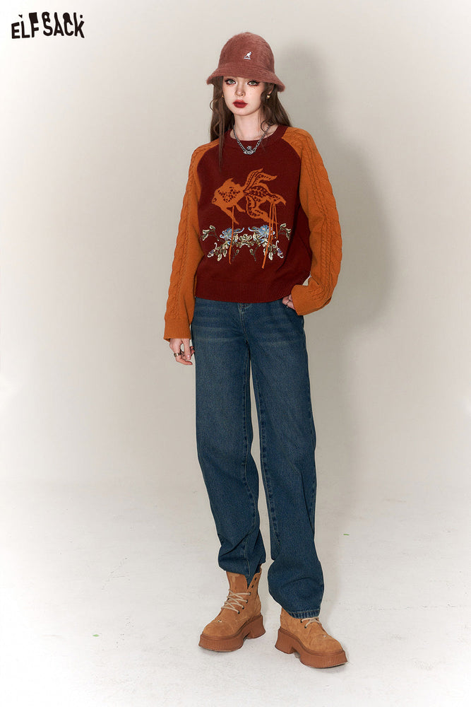 
                  
                    ELFSACK Goldfish Spliced Pullover Sweaters Women 2023 Winter New Chinese Style Designer Tops
                  
                