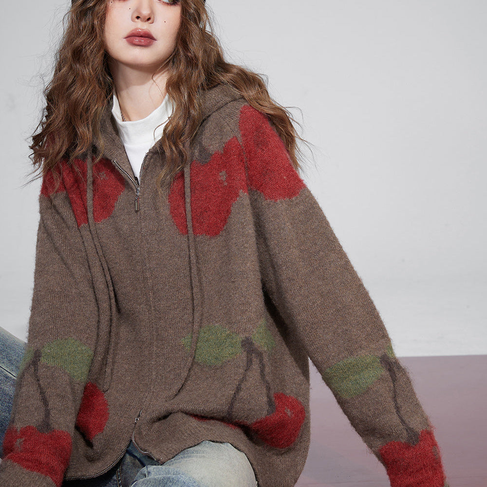ELFSACK Christmas Cherry Hoodie Cardigan For Women 2023 Winter New KoreanFashion Tops