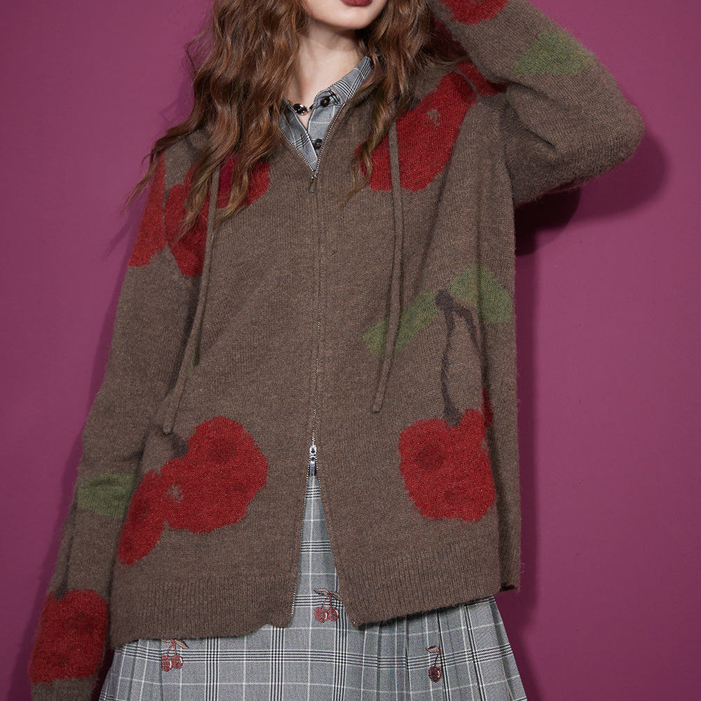 ELFSACK Christmas Cherry Hoodie Cardigan For Women 2023 Winter New KoreanFashion Tops