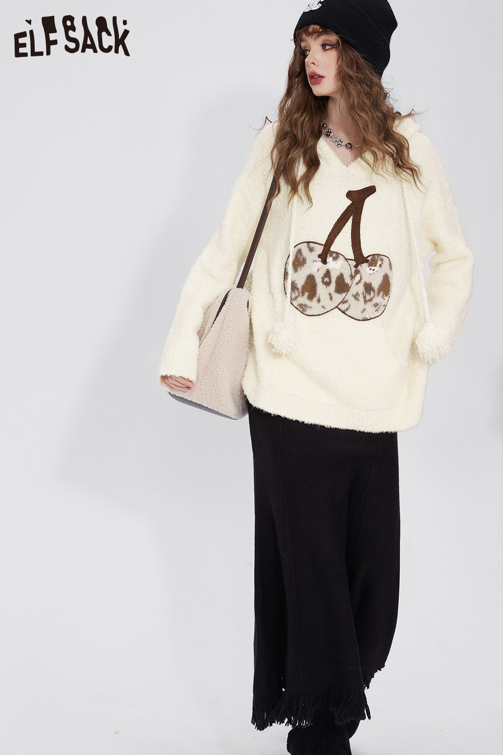 ELFSACK Kawaii Cherry Patch Hoodie Sweaters Women 2023 Winter New Plus Size Luxury Designer Tops