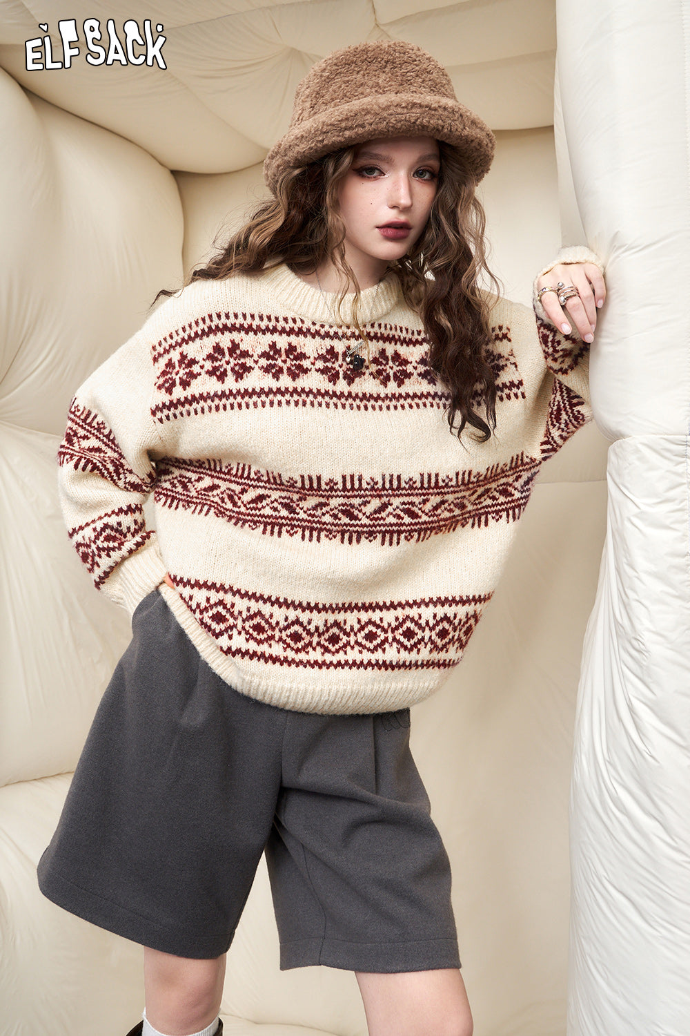 ELFSACK Fair Isle Style Christmas Sweater Woman 2023 Winter New Long Sleeve Big Tops
