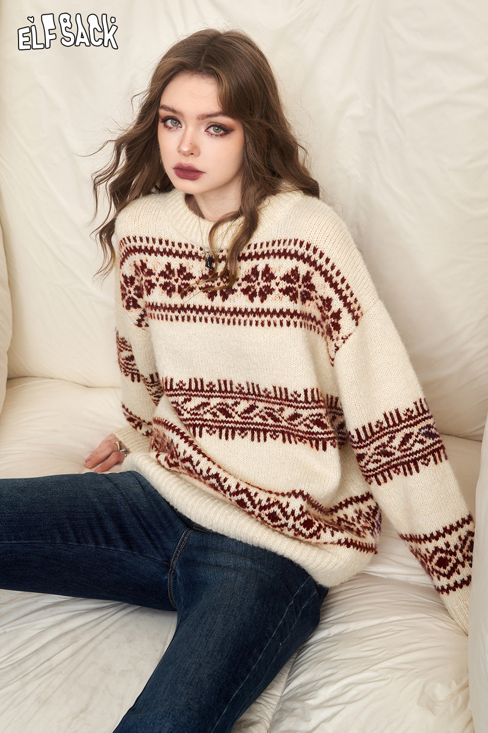 ELFSACK Fair Isle Style Christmas Sweater Woman Long Sleeve Big Tops