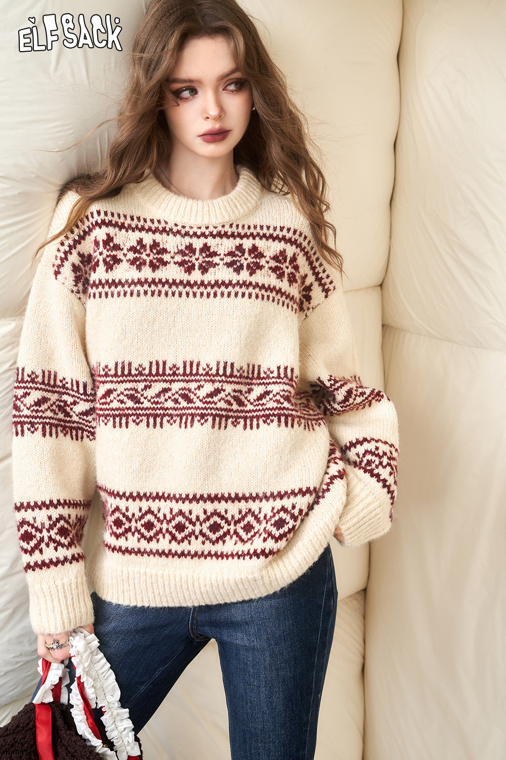 ELFSACK Fair Isle Style Christmas Sweater Woman Long Sleeve Big Tops
