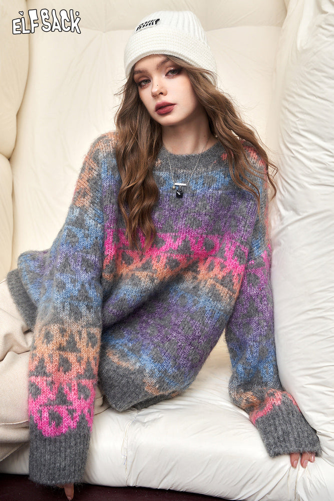 
                  
                    ELFSACK Rainbow Colorful Pullover Sweaters Women 2023 Winter New Plus Size Designer Tops
                  
                
