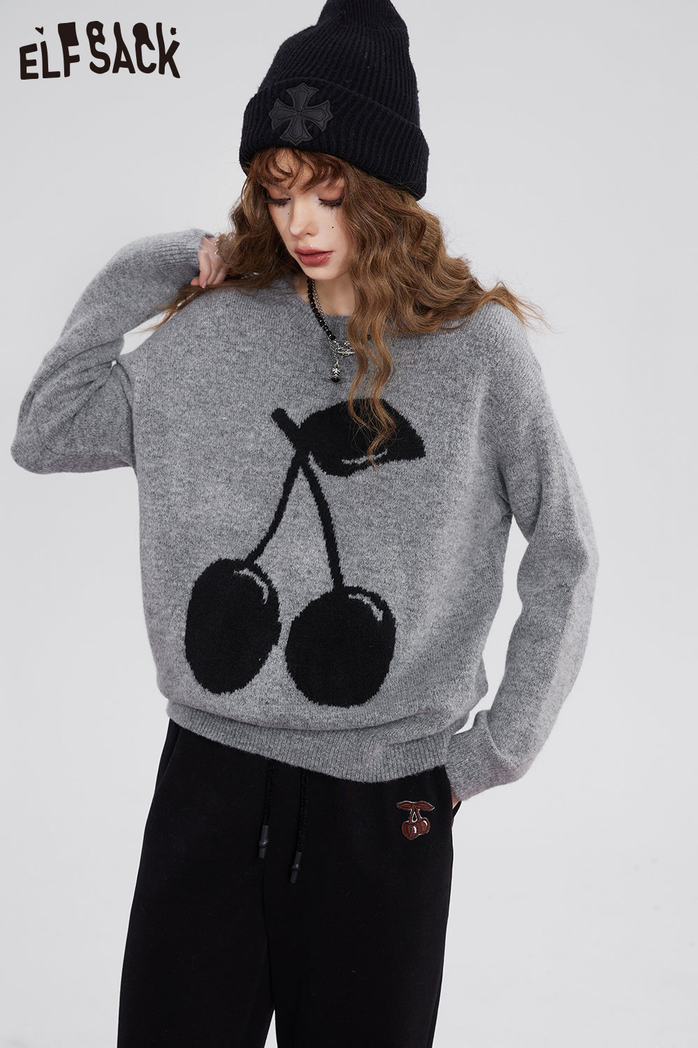 ELFSACK Kawaii Christmas Cherry Pullover Sweaters Women Korean Fashion Tops
