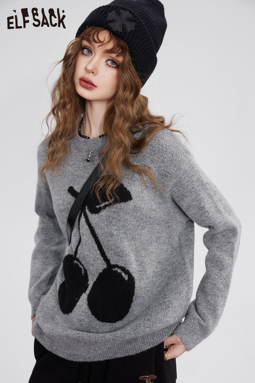 ELFSACK Kawaii Christmas Cherry Pullover Sweaters Women Korean Fashion Tops