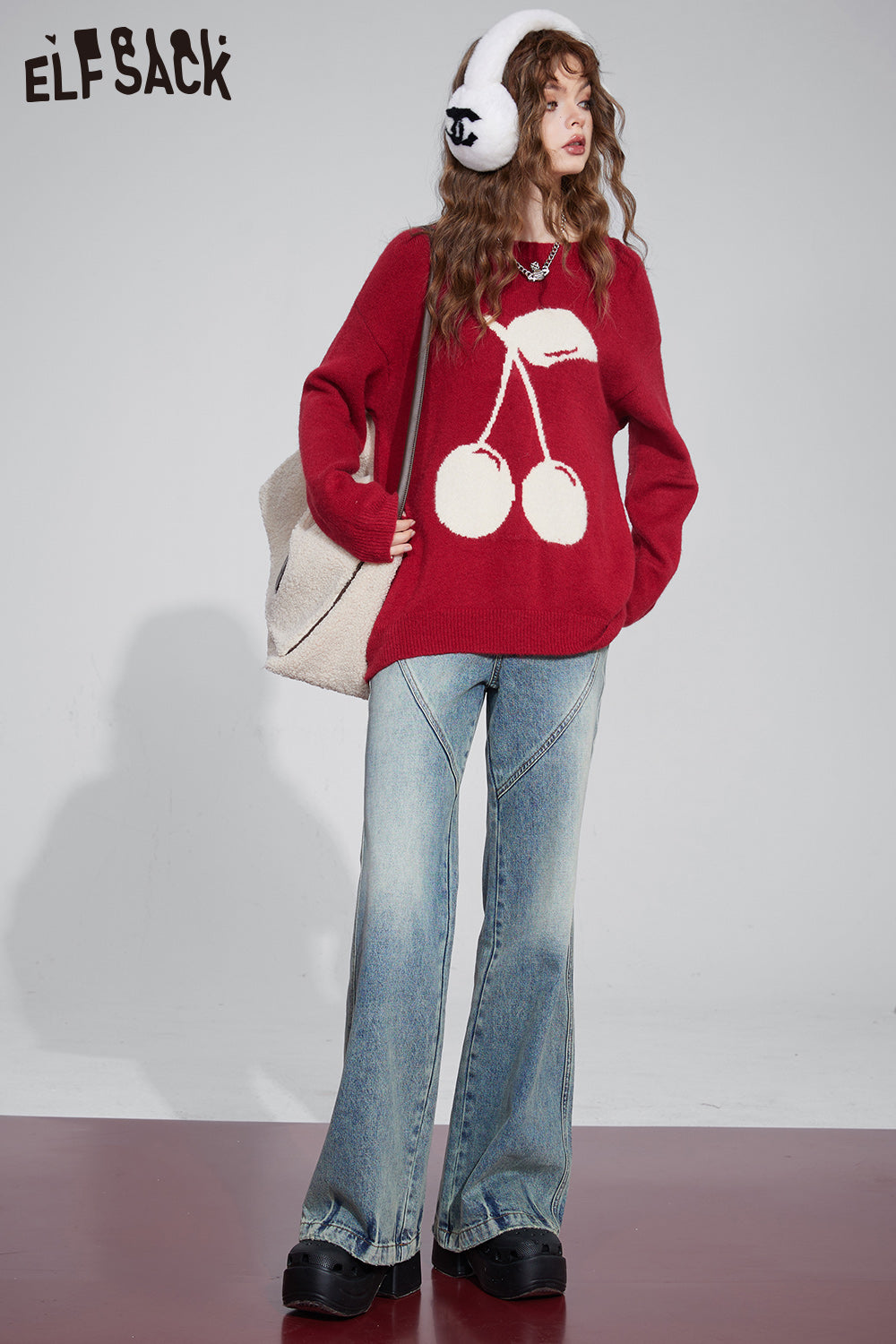 ELFSACK Kawaii Christmas Cherry Pullover Sweaters Women Korean Fashion Tops