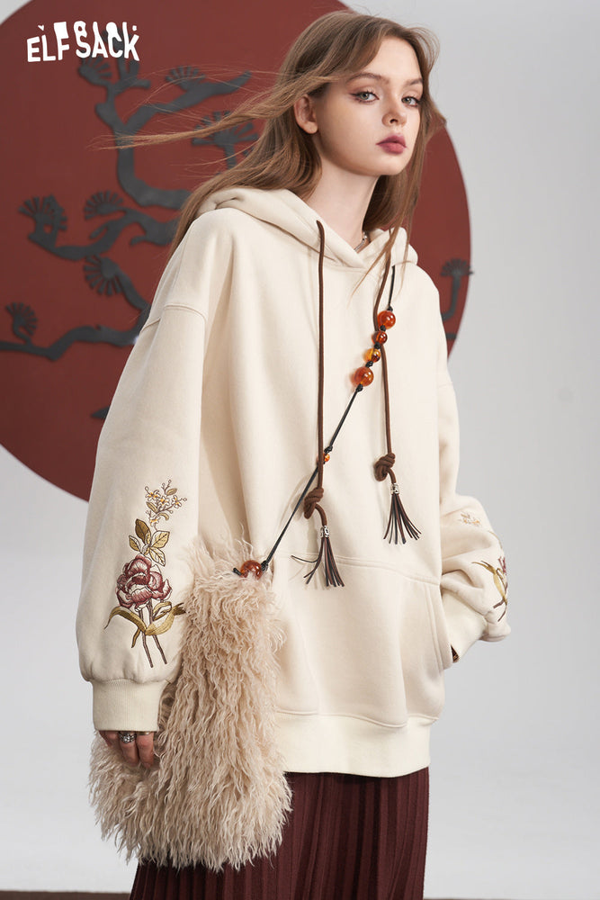 
                  
                    ELFSACK Embroidery Fleece Hoodies Outwear Women 2023 Winter Long Sleeve Loose Sweatshirt
                  
                