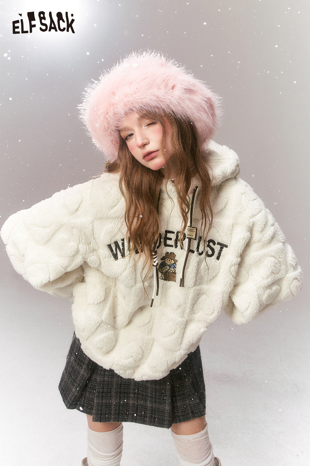 ELFSACK Kawaii Bear Hooded Fleece Hoodies Women 2023 Winter New Plus Size Fashion Tops