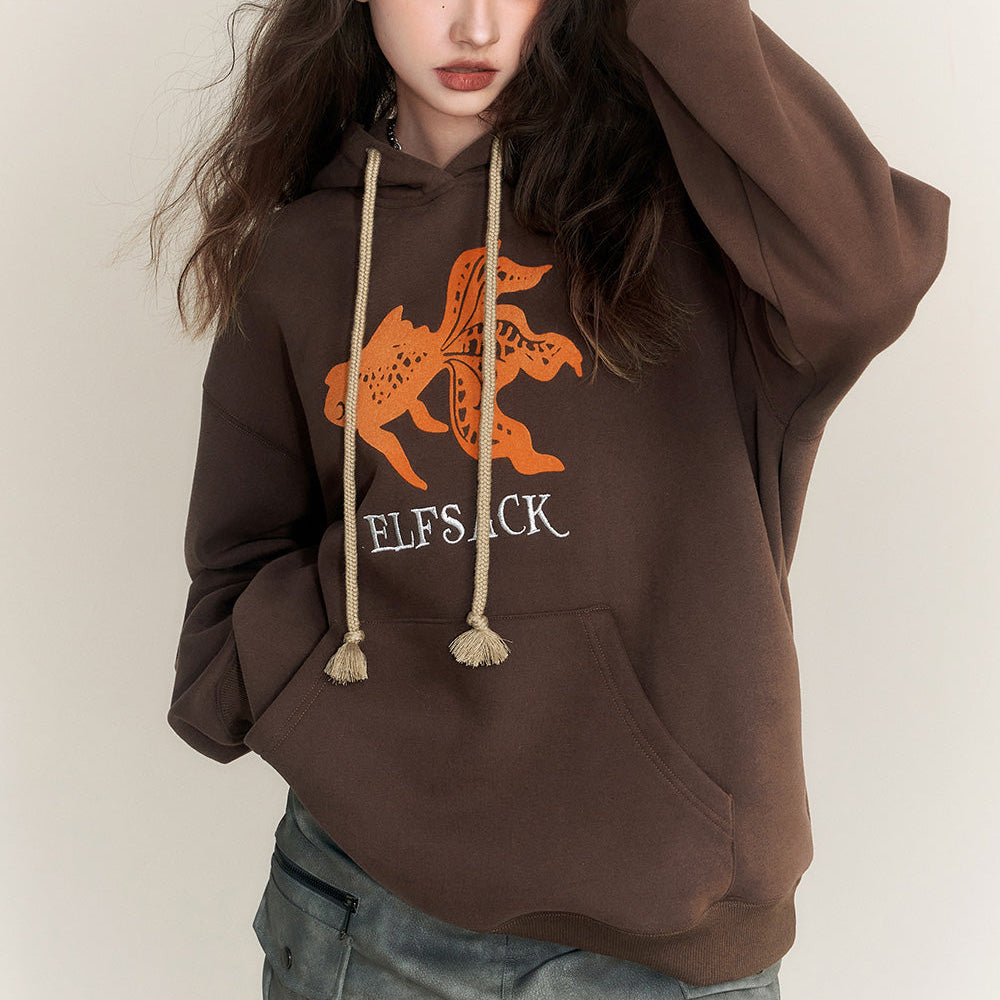 ELFSACK Graphic Goldfish Hoodies Women 2023 Winter New Chinese Style Plus Size Tops