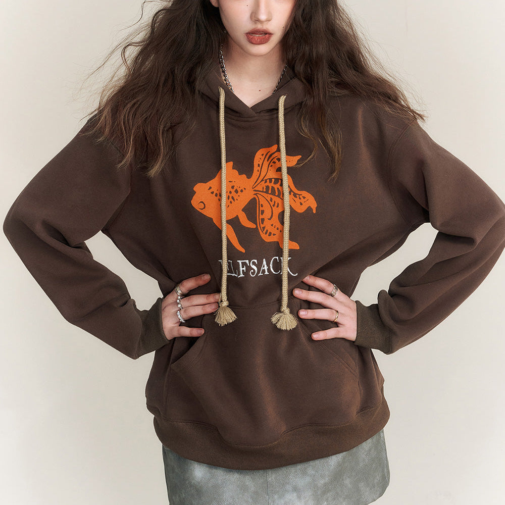 ELFSACK Graphic Goldfish Hoodies Women 2023 Winter New Chinese Style Plus Size Tops