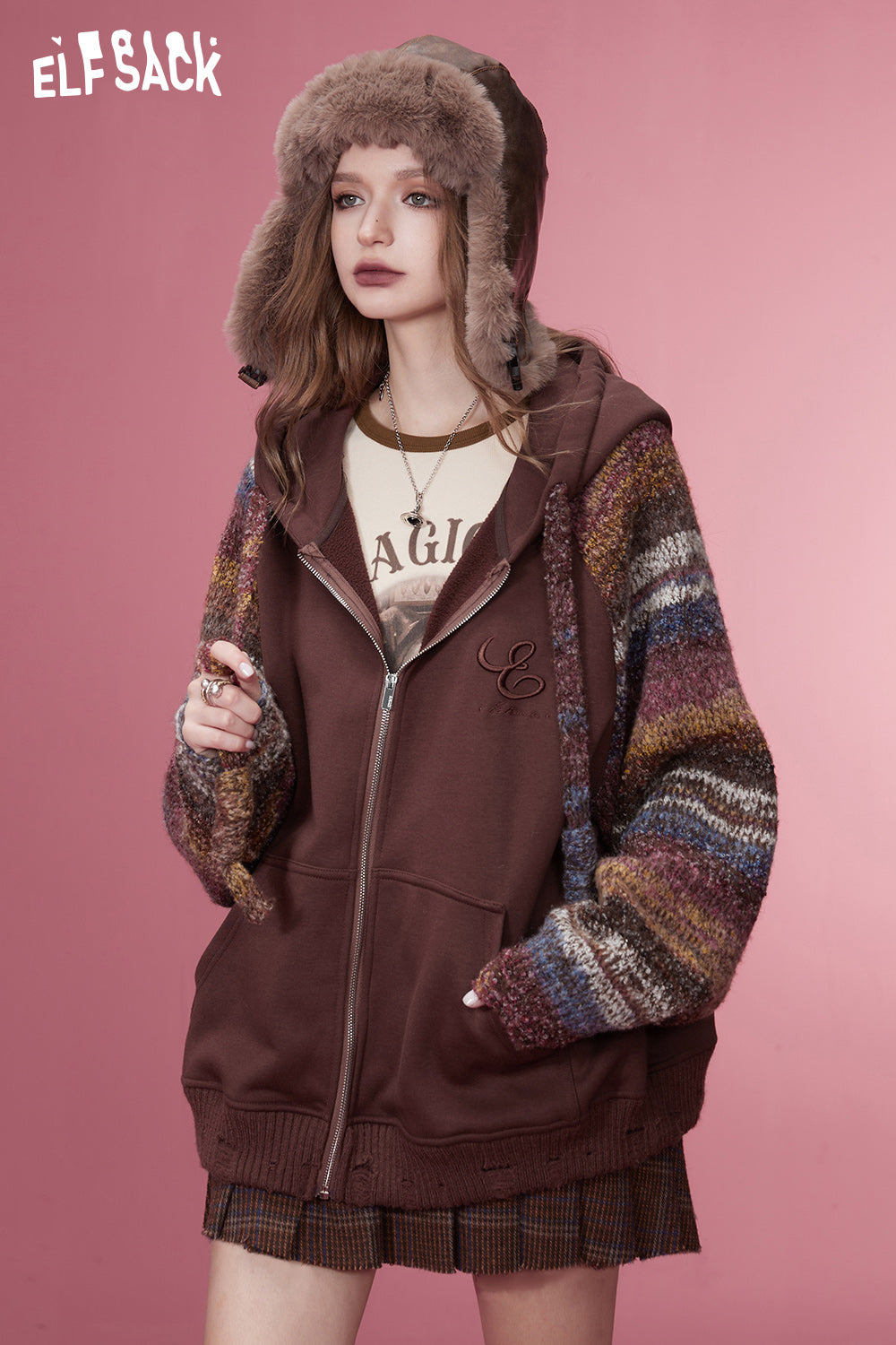 ELFSACK Korean Fashion Fleece Hoodies Women 2023 Winter New Spliced Plus Size Luxury Tops