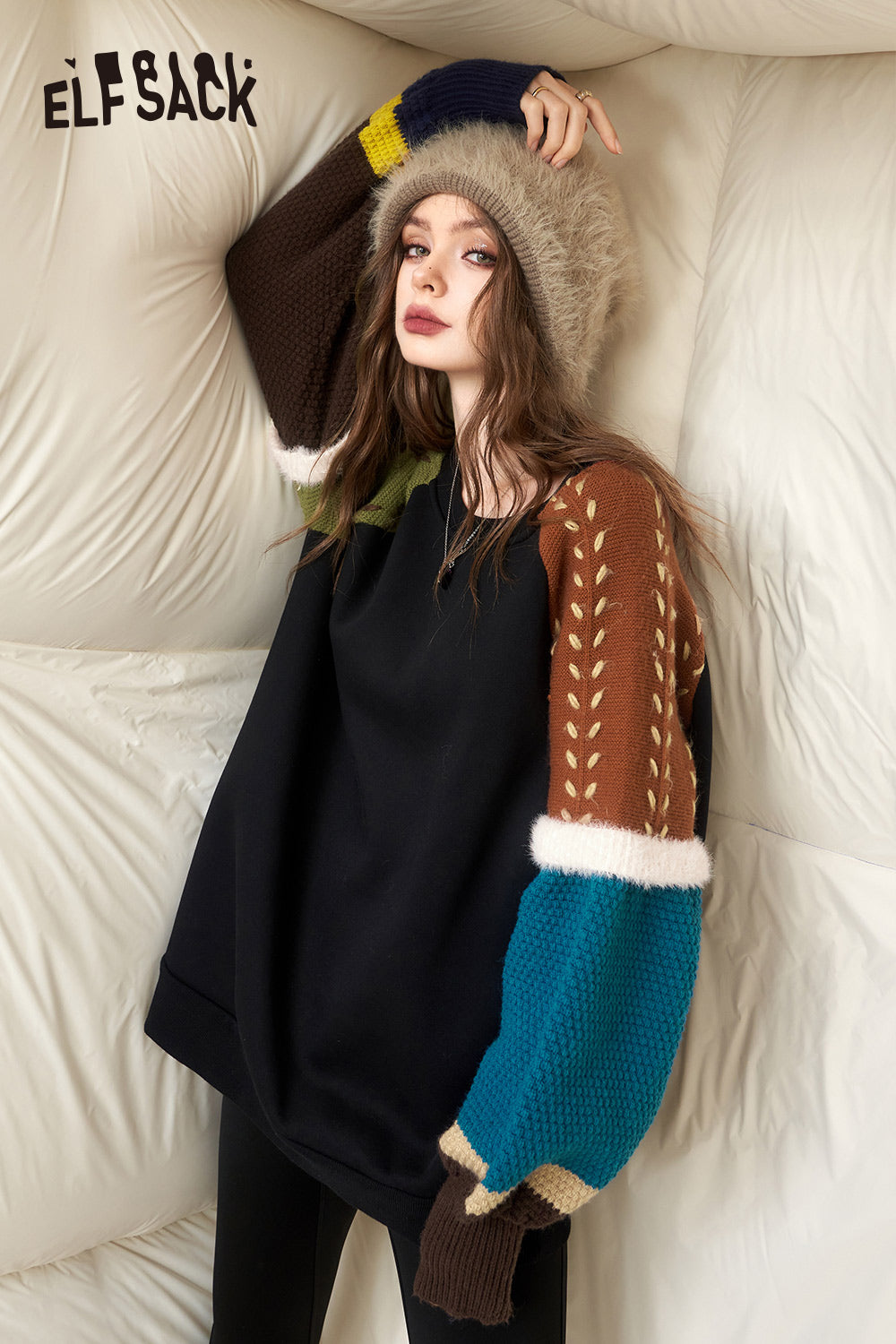 ELFSACK Korean Fashion Fleece Sweatshirt Women 2023 Winter New Spliced Plus Size Tops