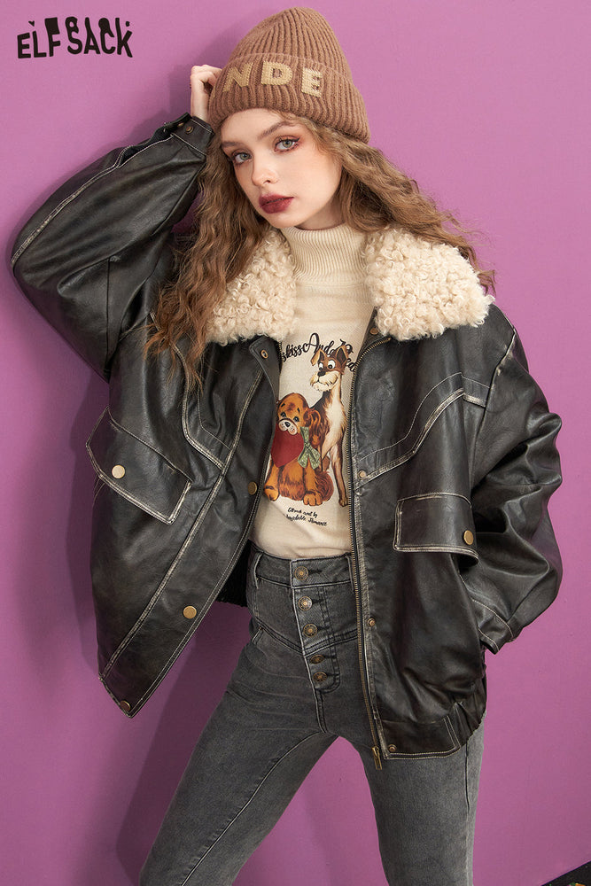 
                  
                    ELFSACK Vintage Fleece Fur Collar Jackets Women 2023 Winter PU Casual Outwears
                  
                