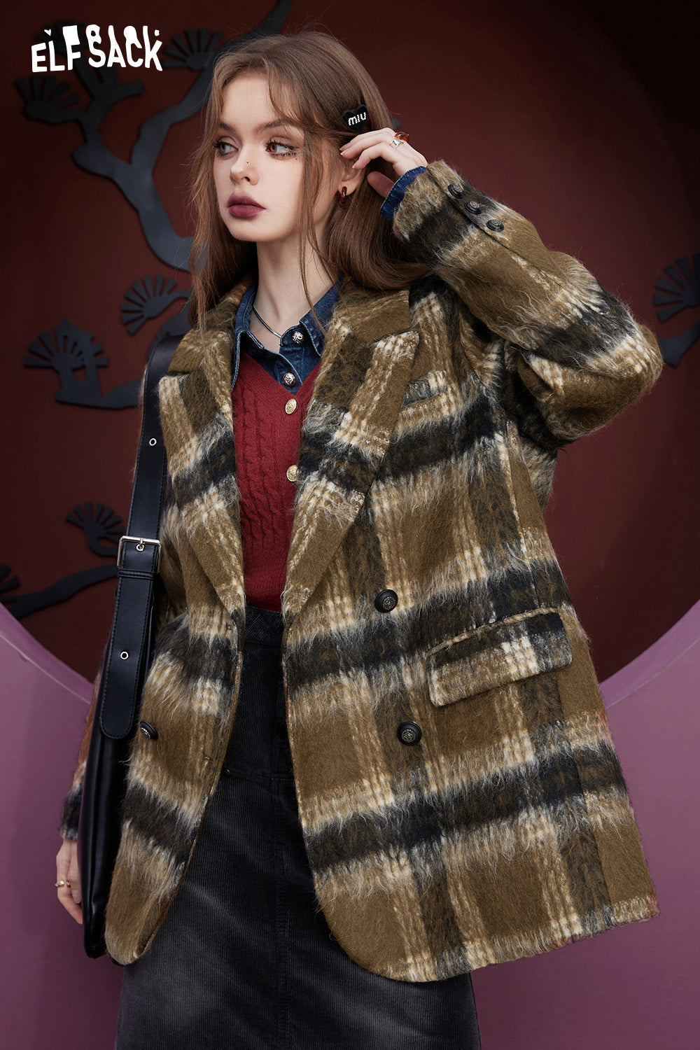 ELFSACK Plaid Woolen Jacket Suit Jackets Women 2023 Winter Academic Style Coats