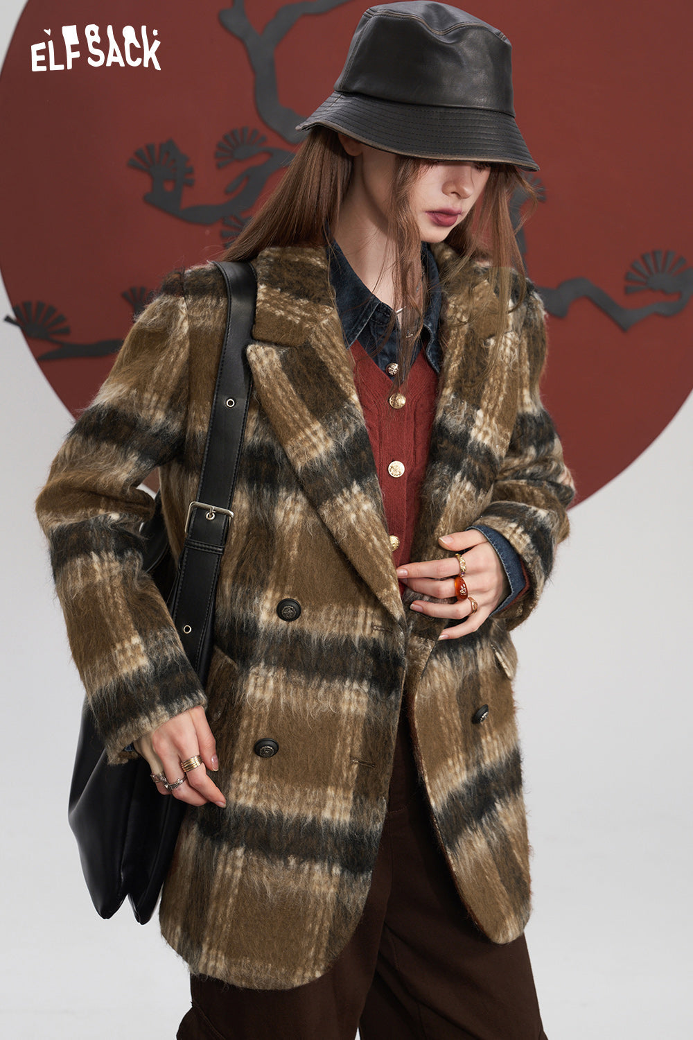 ELFSACK Plaid Woolen Jacket Suit Jackets Women Academic Style Coats