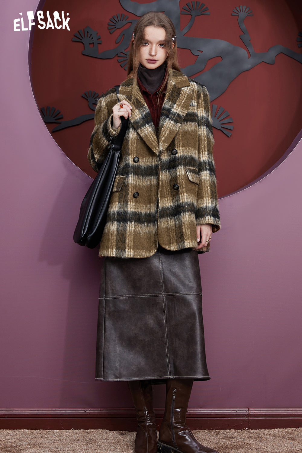 ELFSACK Plaid Woolen Jacket Suit Jackets Women Academic Style Coats