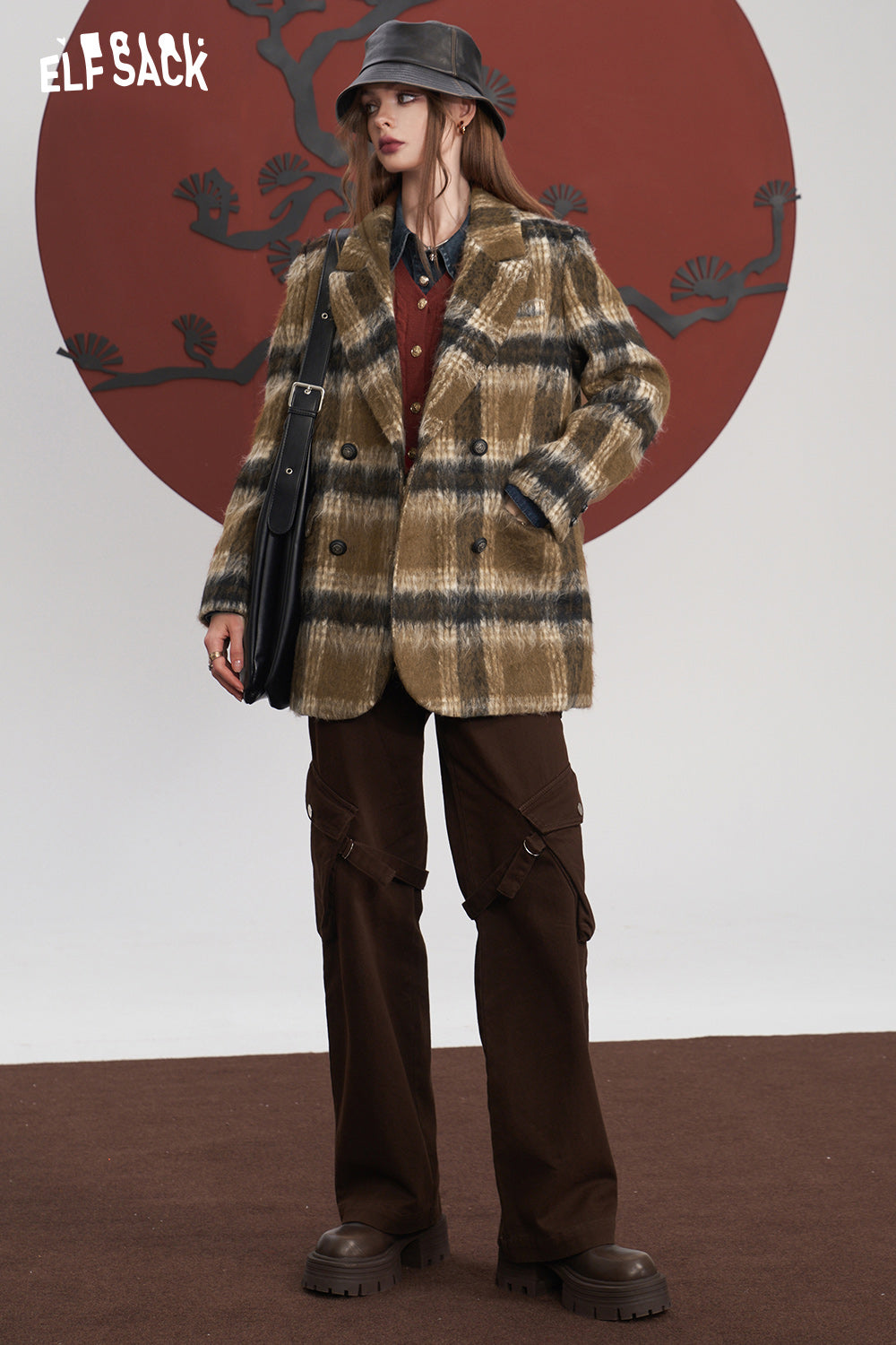ELFSACK Plaid Woolen Jacket Suit Jackets Women Academic Style Coats