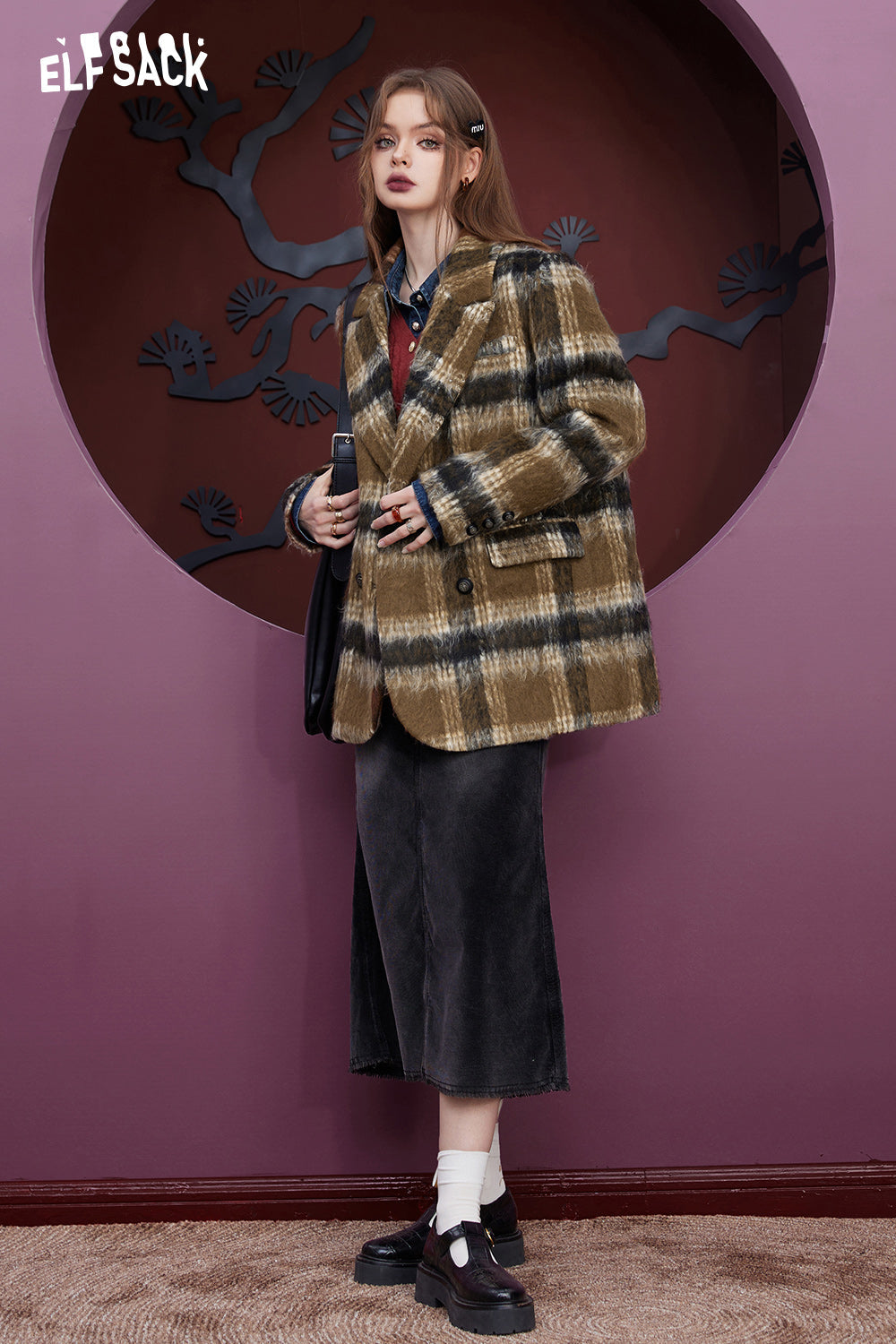 ELFSACK Plaid Woolen Jacket Suit Jackets Women Academic Style Coats