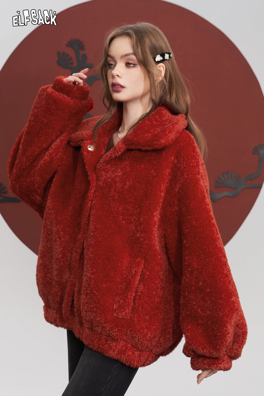 ELFSACK Red Thickening Plush Coats Women Warm Jackets