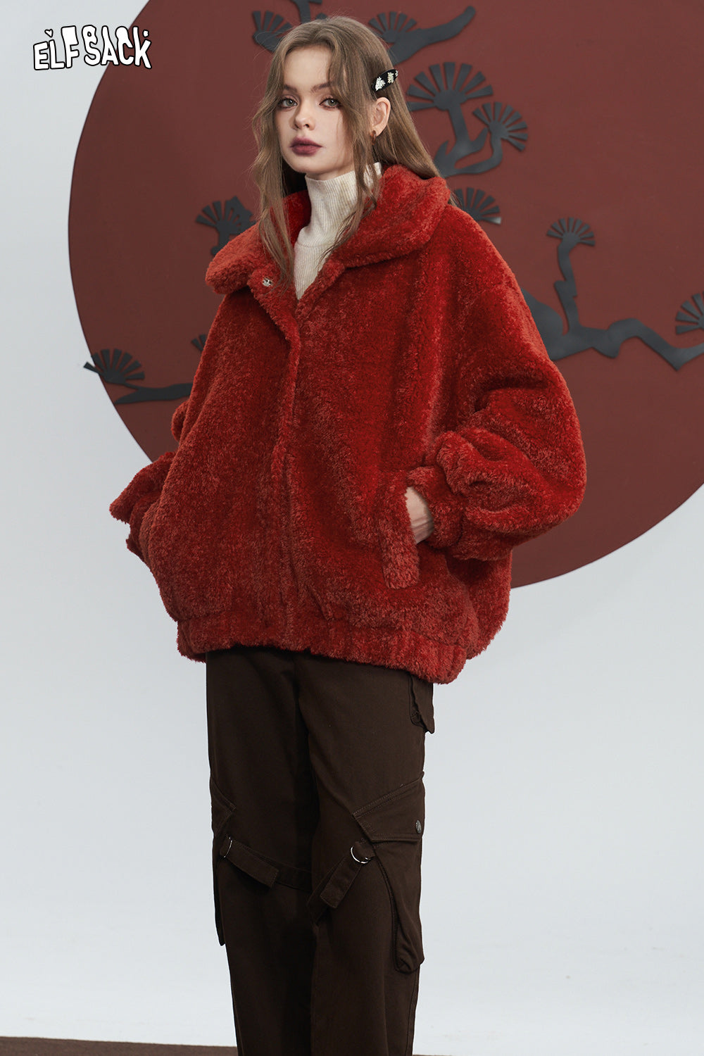 ELFSACK Red Thickening Plush Coats Women 2023 Winter Warm Jackets