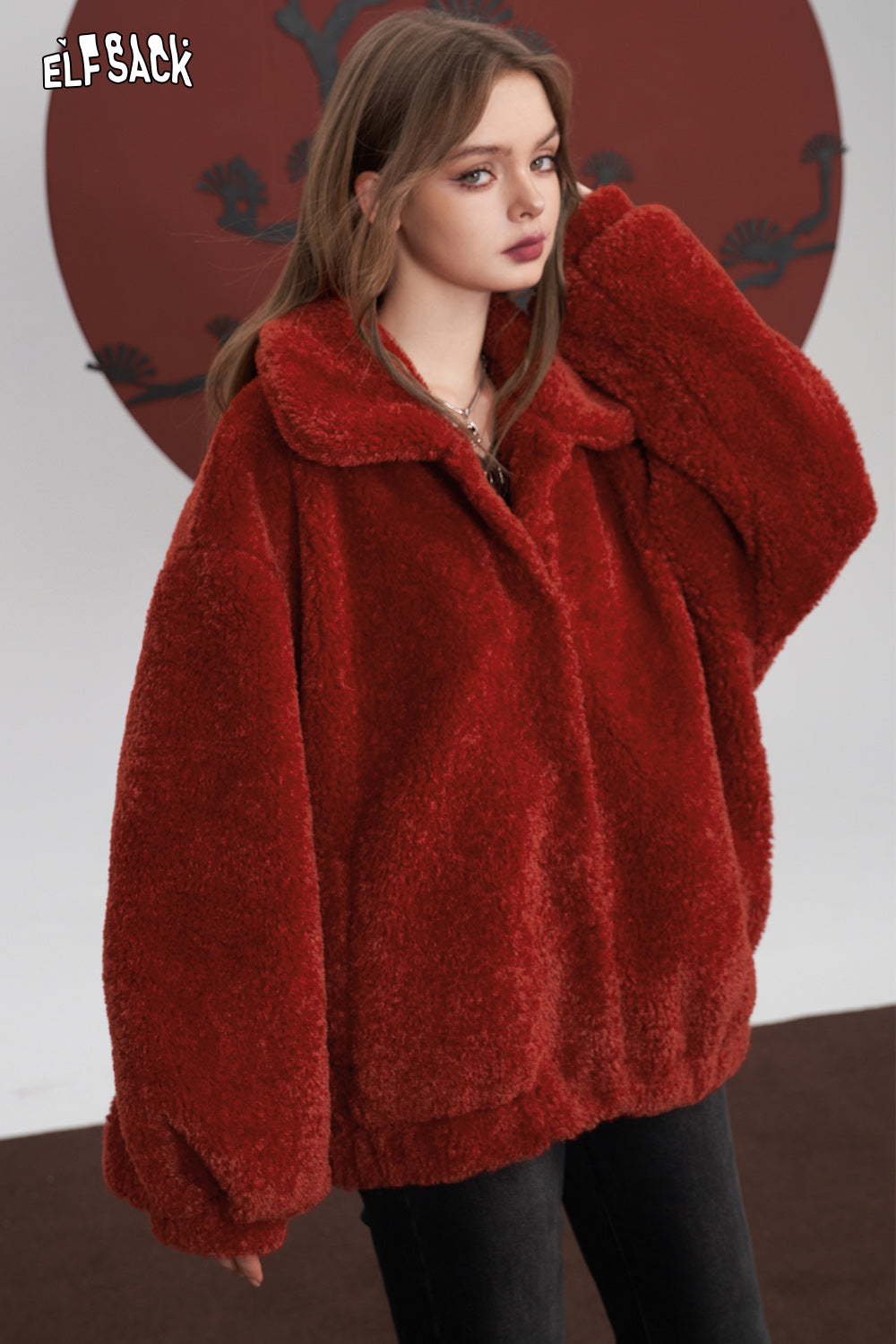 ELFSACK Red Thickening Plush Coats Women Warm Jackets