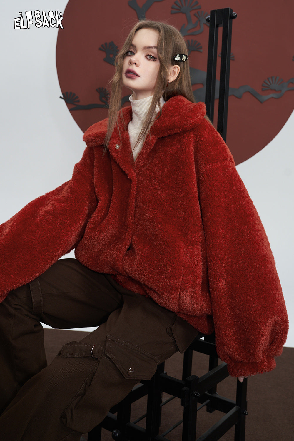 ELFSACK Red Thickening Plush Coats Women Warm Jackets