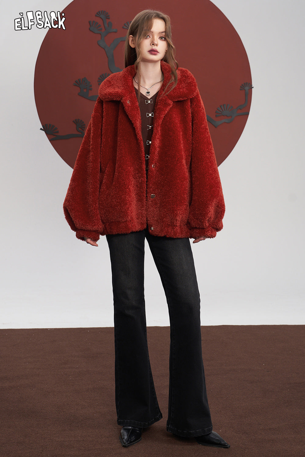 ELFSACK Red Thickening Plush Coats Women Warm Jackets