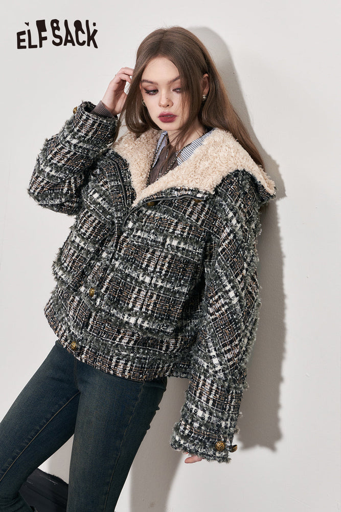 
                  
                    ELFSACK Korean Fashion Tweed Fleece Cotton Coats Women 2023 Winter Luxuey Short Outwears
                  
                