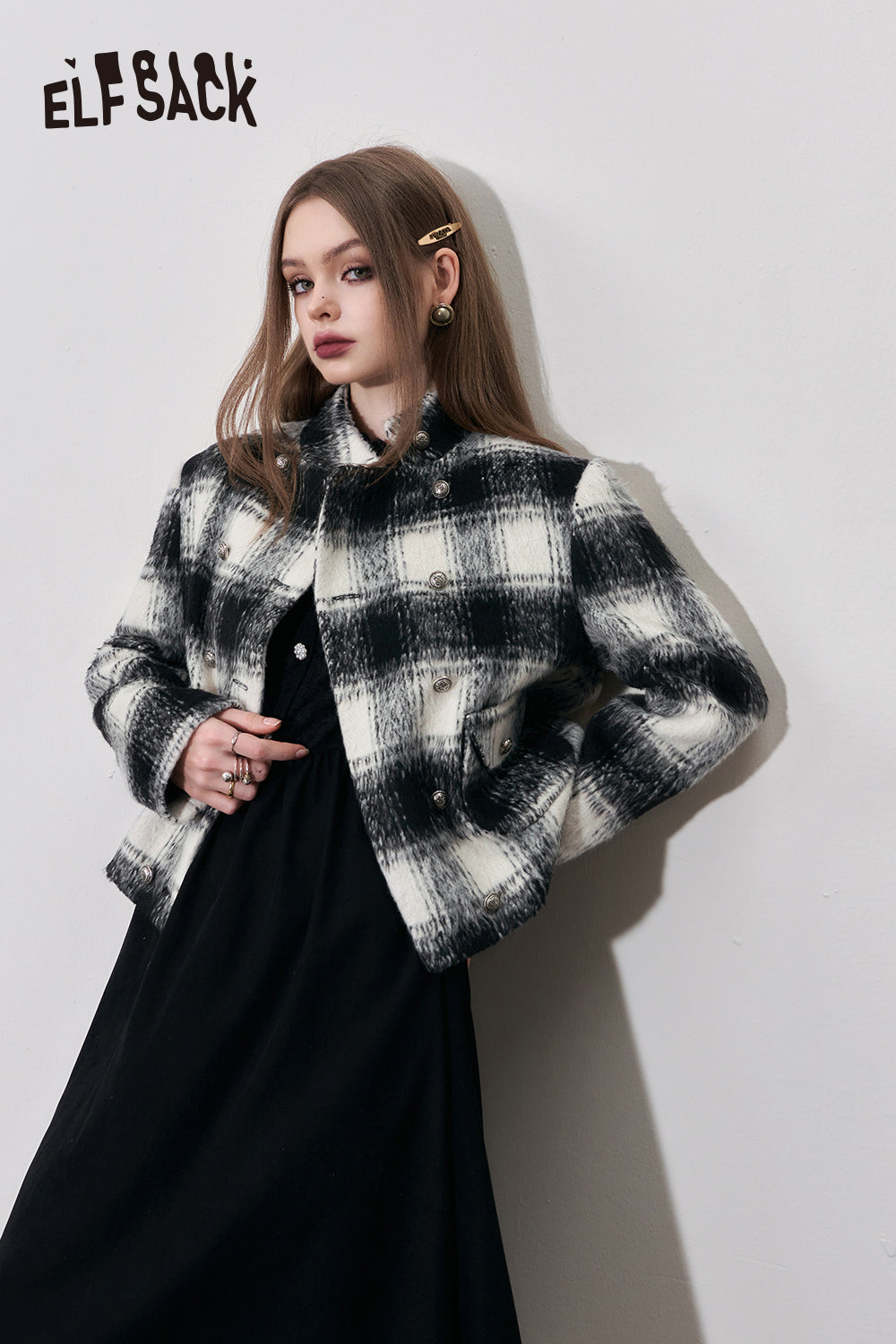 ELFSACK Y2K Check Jackets Women Fleece Korean Style Outwears