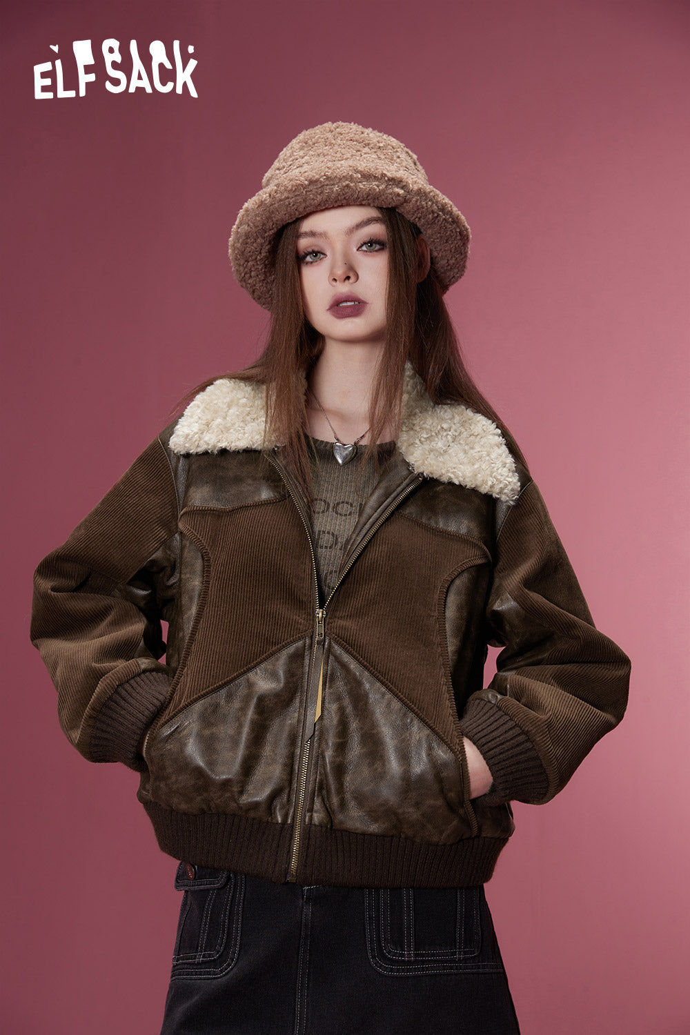 ELFSACK Korean Fashion PU Spliced Jackets Women Designer Jackets