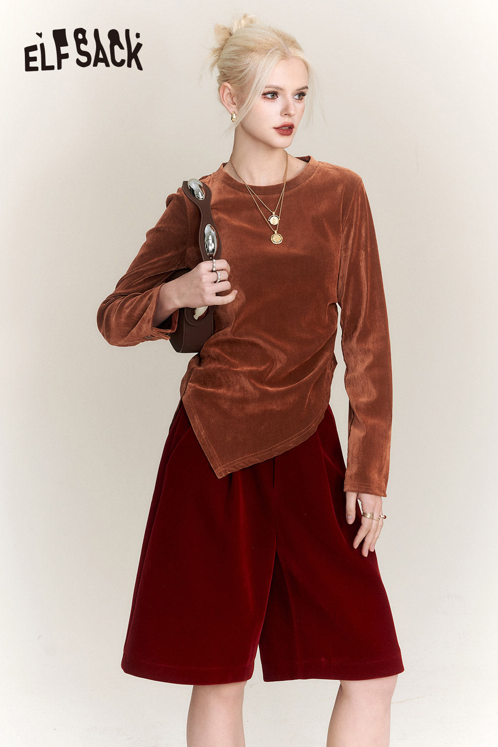 ELFSACK Velvet Long Sleeve T-shirts Women 2023 Winter New Chinese Style Tops