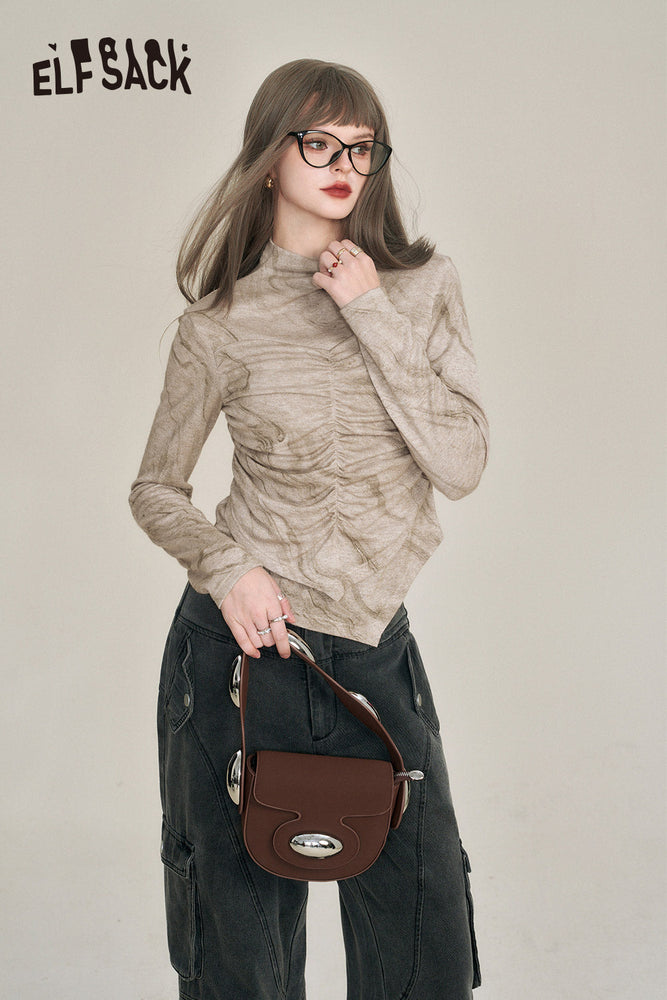 
                  
                    ELFSACK New Chinese Style Slim Long Sleeve T-shirts Women 2023 Winter Half High Collar Designer Tops
                  
                