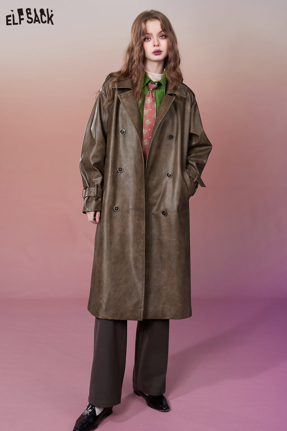 ELFSACK Korean Fashion PU Brown Trench Coats Women 2023 Winter Designer Luxury Long Outwears