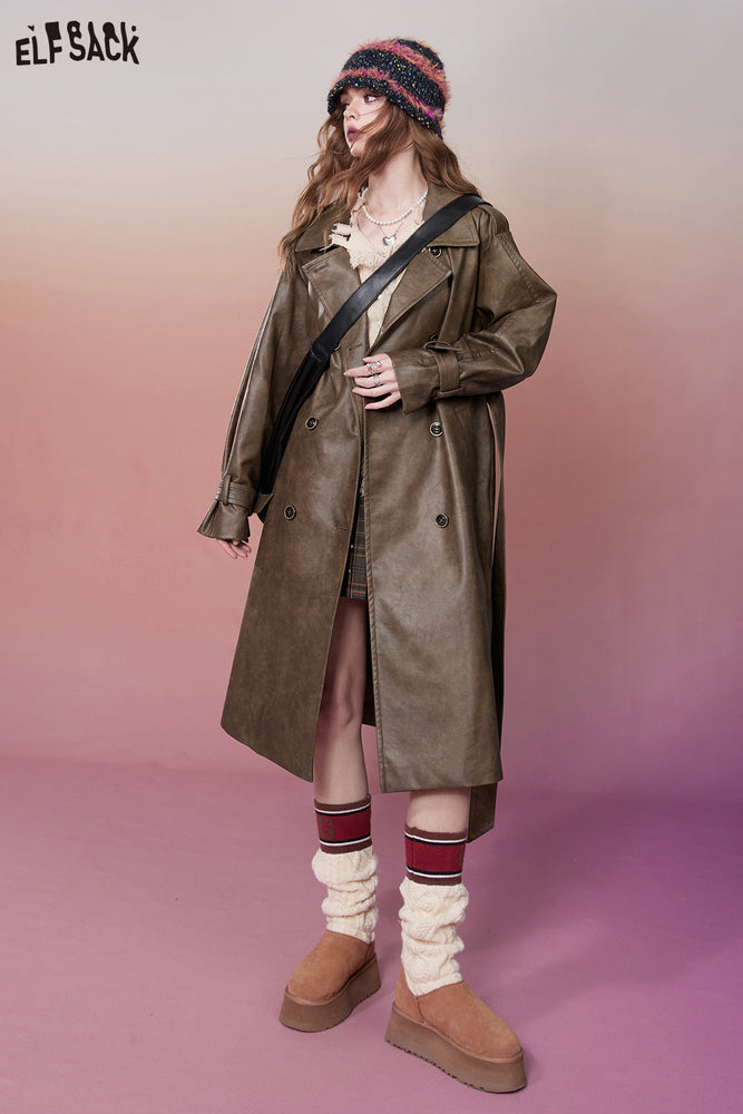 
                  
                    ELFSACK Korean Fashion PU Brown Trench Coats Women 2023 Winter Designer Luxury Long Outwears
                  
                