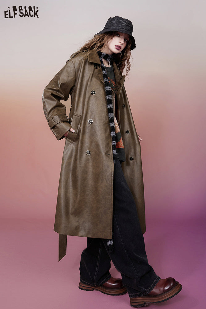 
                  
                    ELFSACK Korean Fashion PU Brown Trench Coats Women 2023 Winter Designer Luxury Long Outwears
                  
                
