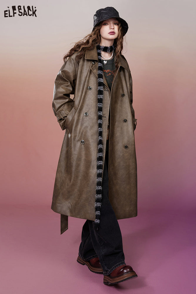 
                  
                    ELFSACK Korean Fashion PU Brown Trench Coats Women 2023 Winter Designer Luxury Long Outwears
                  
                