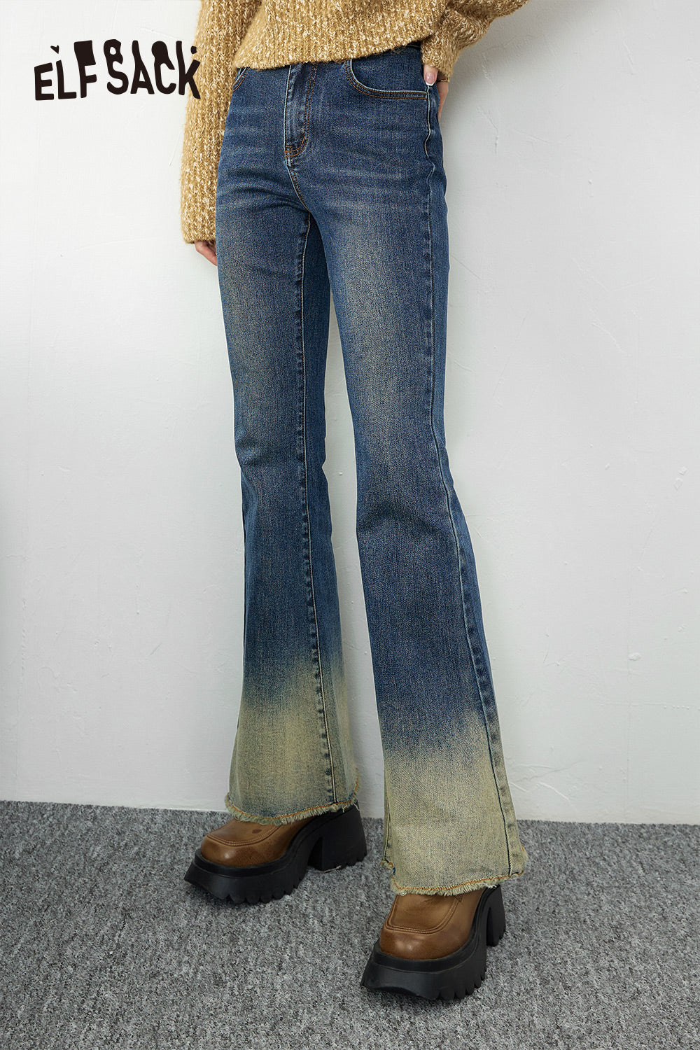 ELFSACK Flared Trousers Women 2023 Winter Slim High Waist Daily Jeans