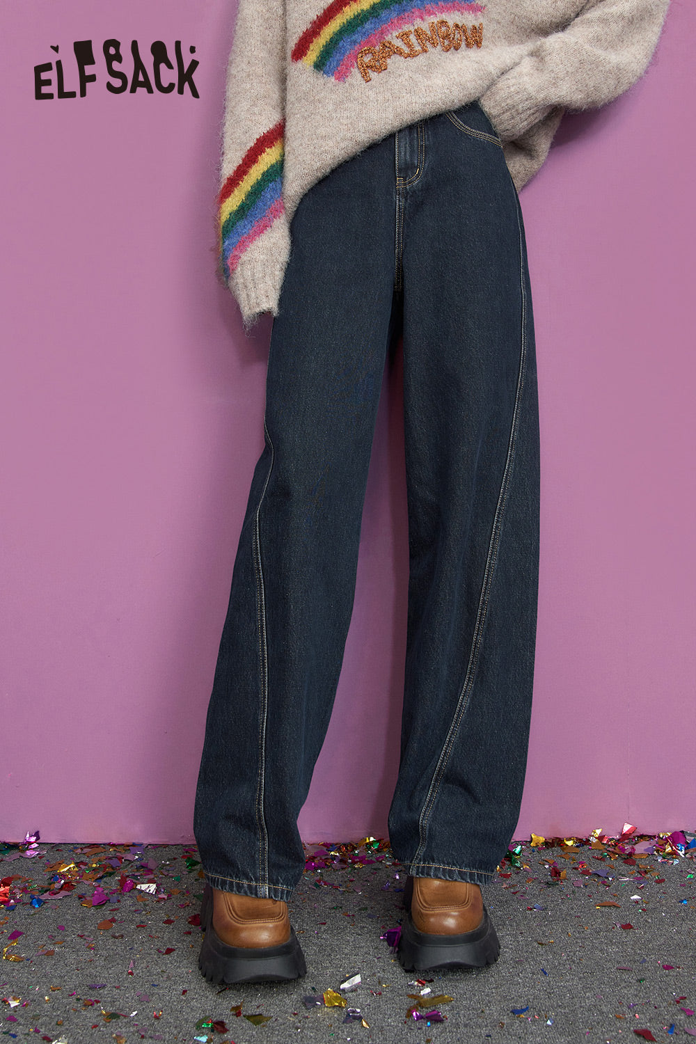 
                  
                    ELFSACK Vintage Loose Straight Jeans Women 2023 Autumn/Winter Dark Wash High Waist Daily Trousers
                  
                