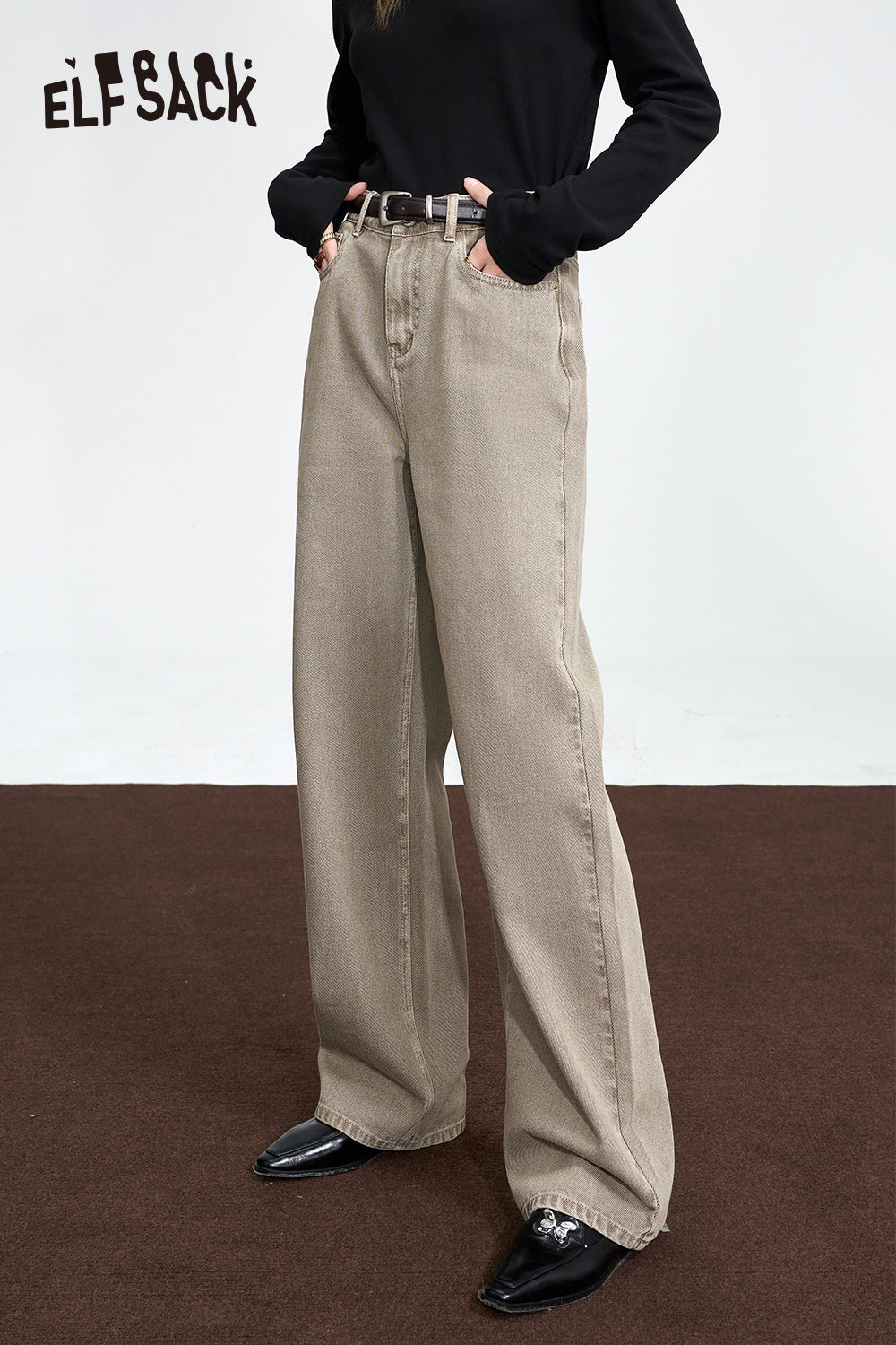 
                  
                    ELFSACK Free Belt Vintage Khaki Loose Straight Jeans Women 2023 Winter High Waist Daily Trousers
                  
                