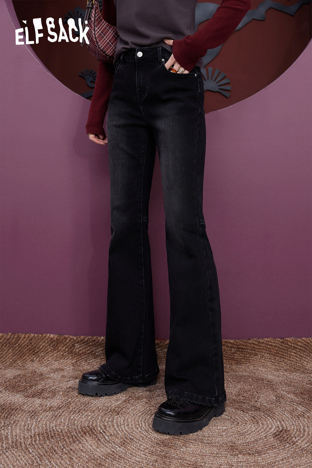 ELFSACK Flared Trousers Women Slim High Waist Daily Jeans
