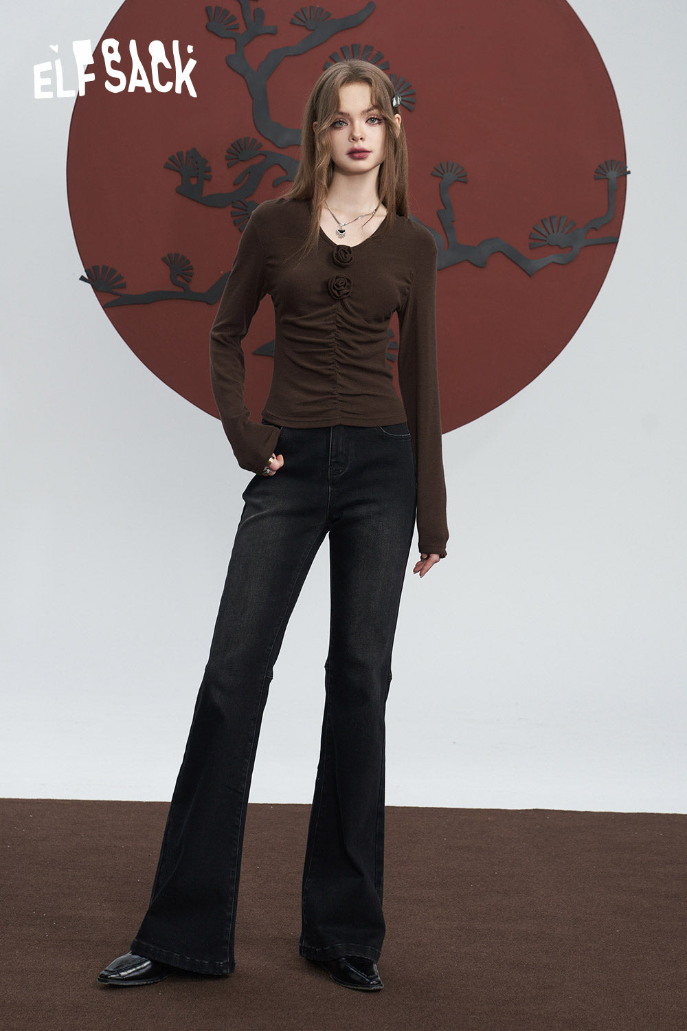 ELFSACK Flared Trousers Women Slim High Waist Daily Jeans