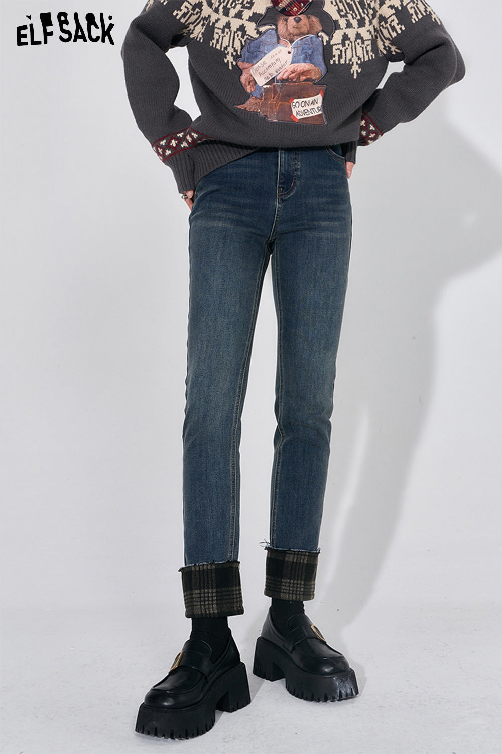 ELFSACK 2000s Plaid Jeans Women High Waist Designer Luxury Trousers