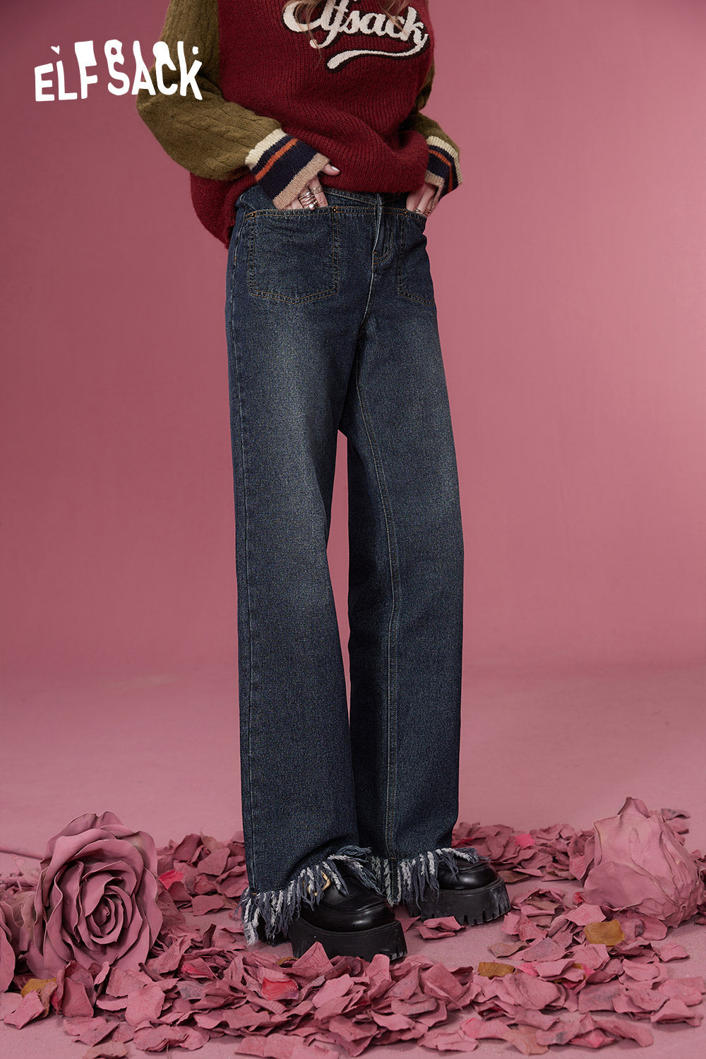 
                  
                    ELFSACK 2000s Korean Fashion Trousers Women 2023 Winter High Waist Tassels Designer Luxury Jeans
                  
                